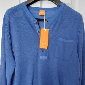 AUTHENTIC HUGO BOSS ORANGE LONG SLEEVE COLARLESS SHIRT. SIZE XL. BLUE